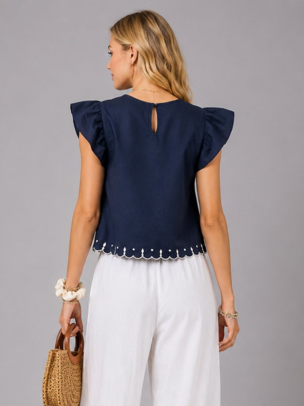 Women's Cotton Navy Blue Embroidered Flutter Sleeve Boho Blouse Summer Cotton To - Picture 2 of 7